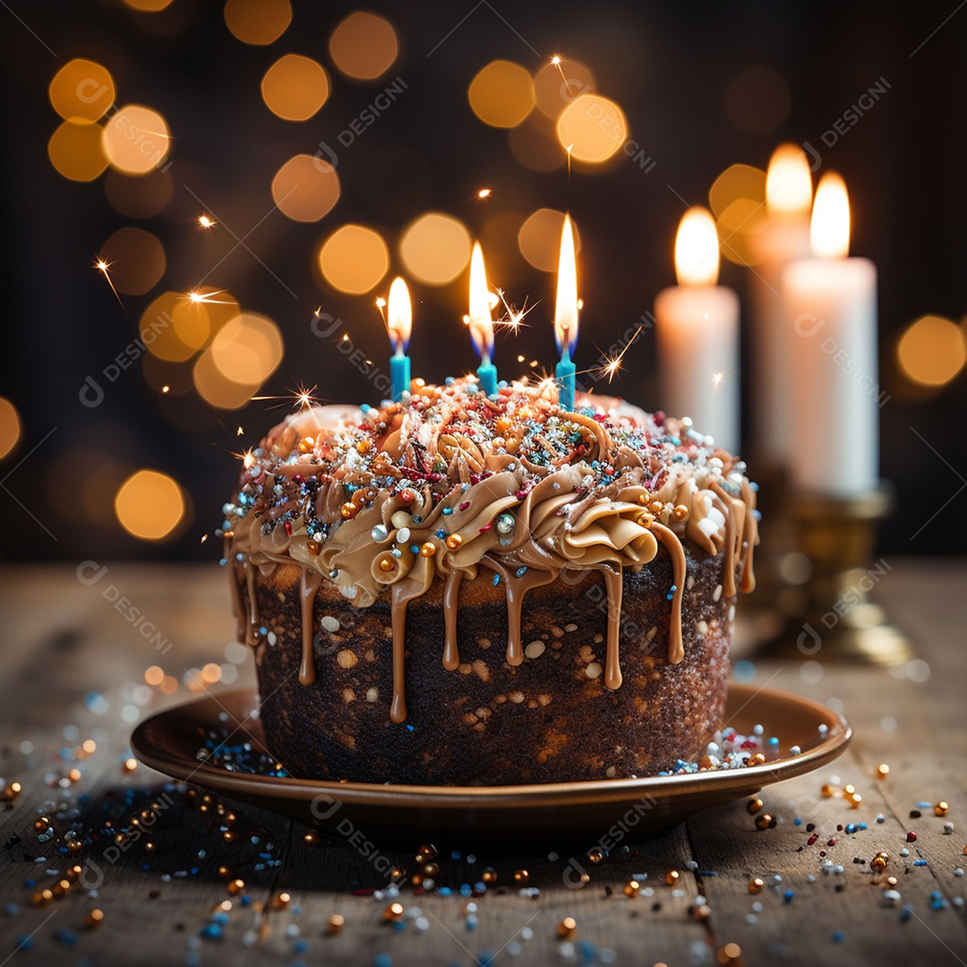 Bolo de chocolate de aniversário decorado com doces