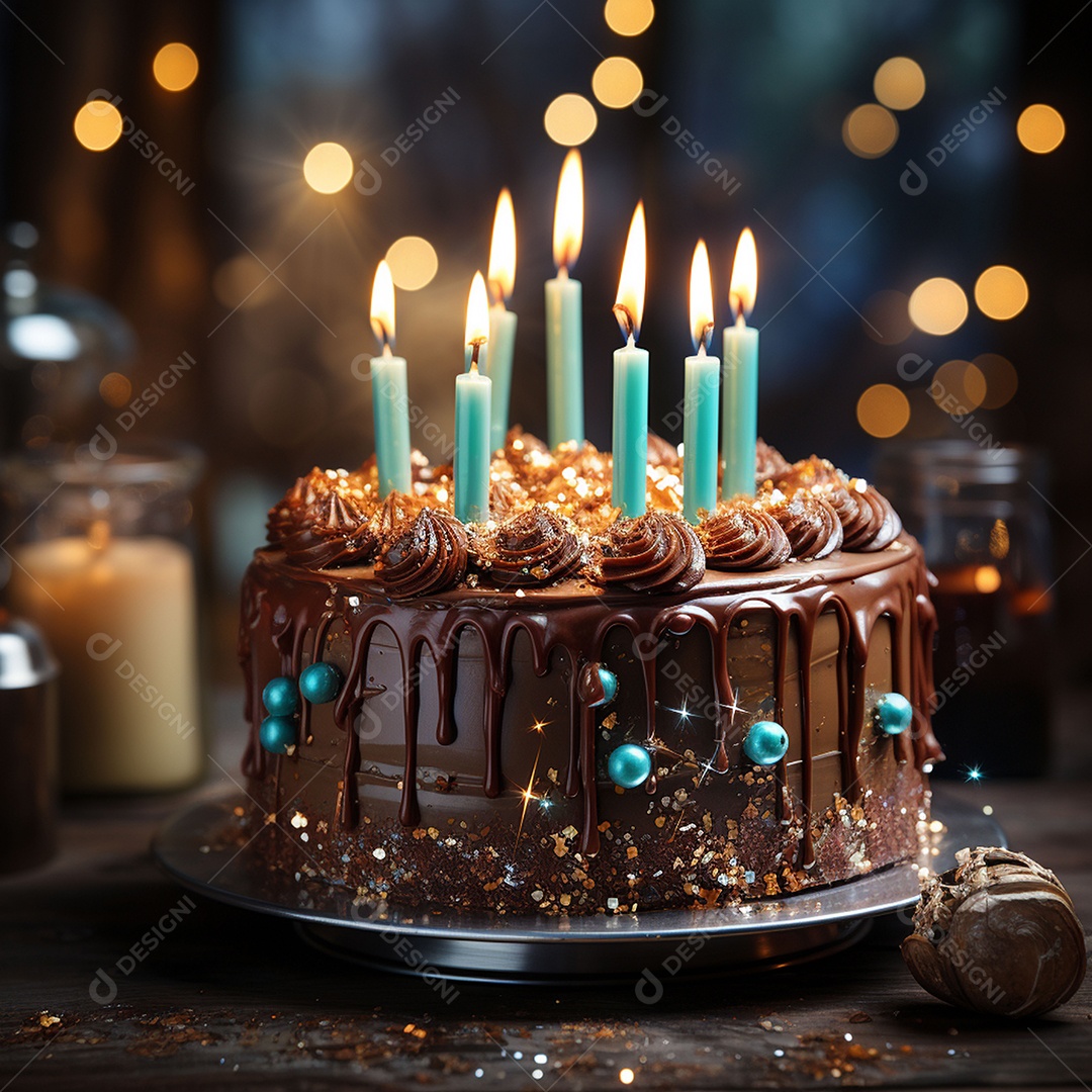 Bolo de chocolate de aniversário decorado com doces