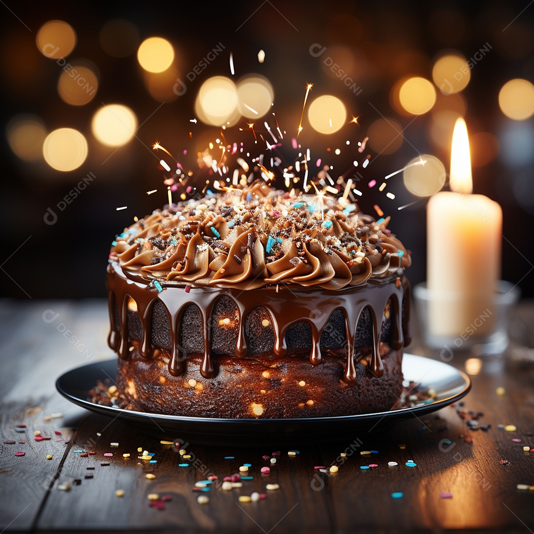 Bolo de chocolate de aniversário decorado com doces