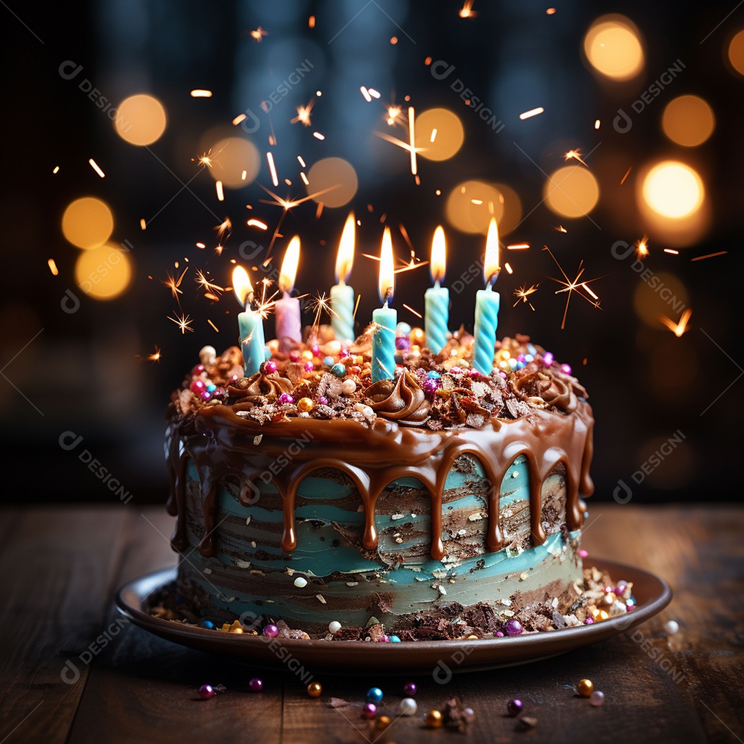 Bolo de chocolate de aniversário decorado com doces
