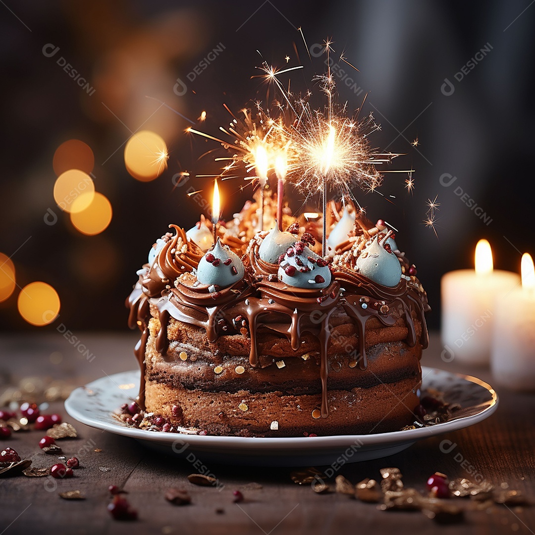 Bolo de chocolate de aniversário decorado com doces