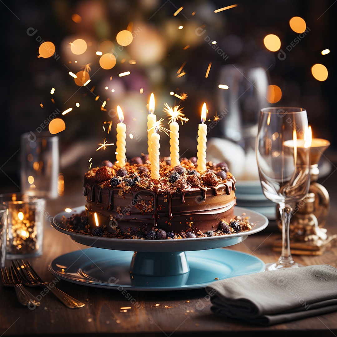 Bolo de chocolate de aniversário decorado com doces