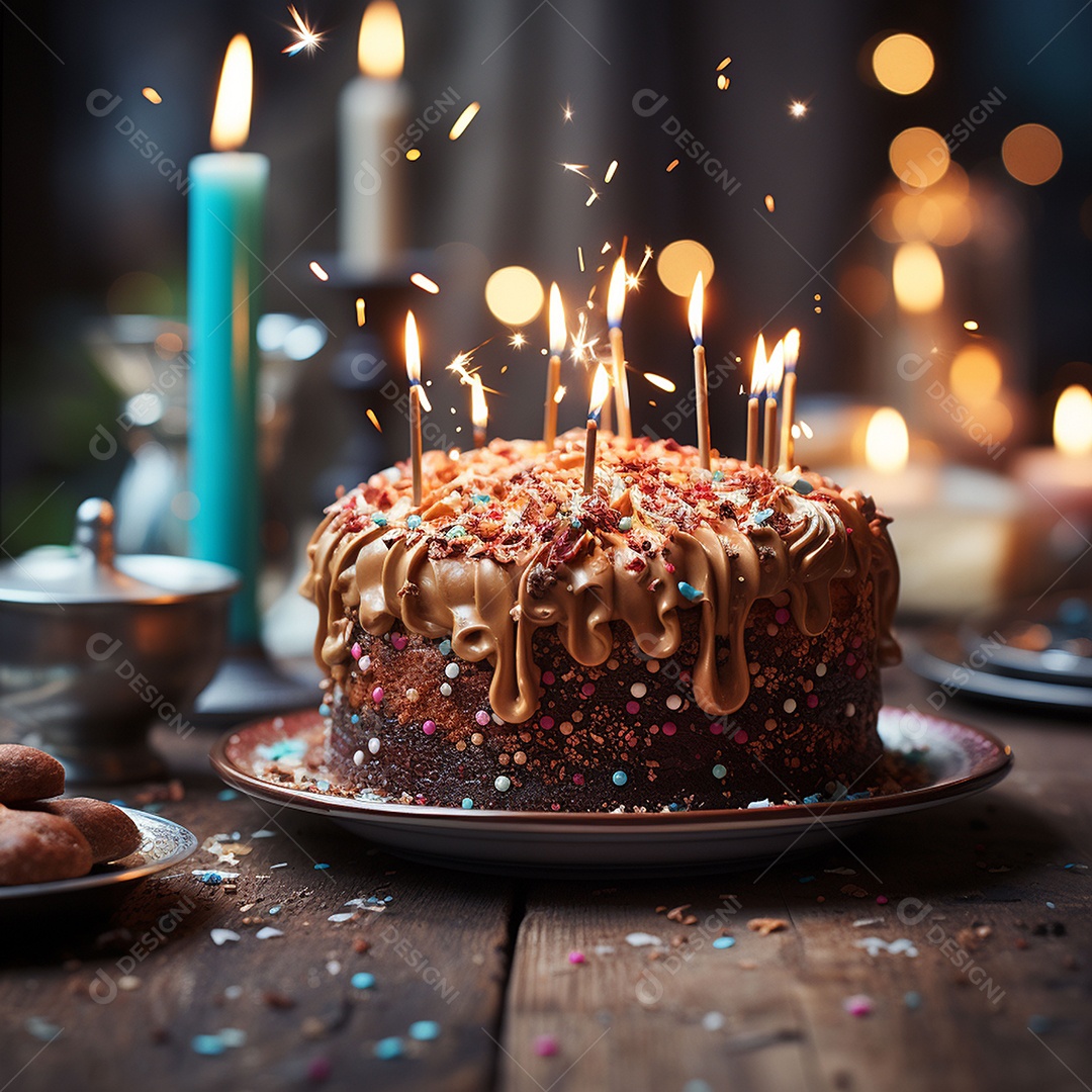 Bolo de chocolate de aniversário decorado com doces