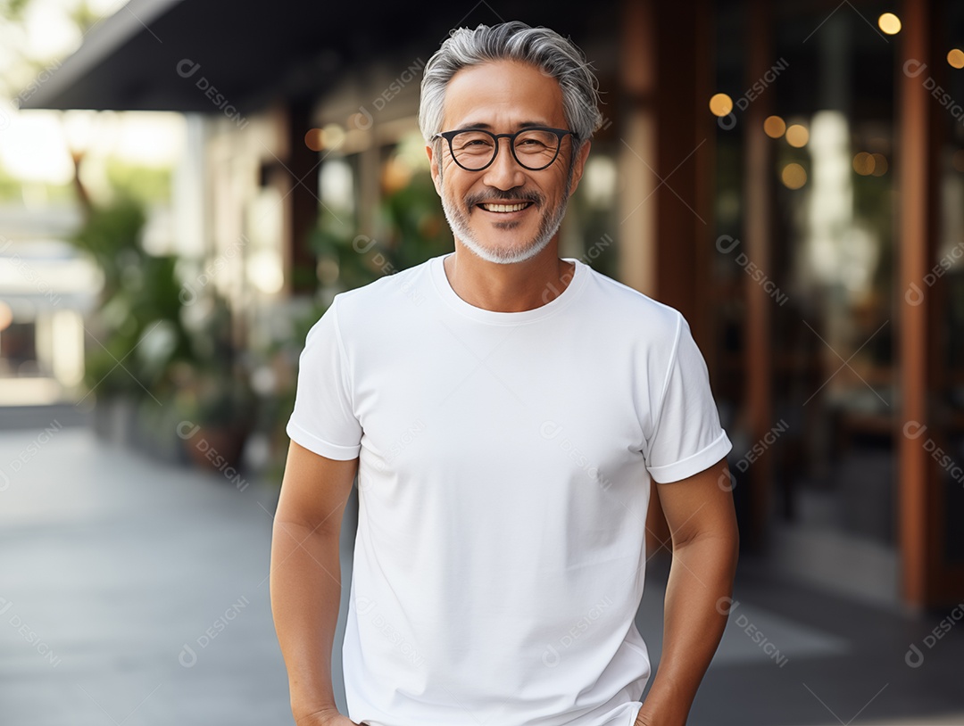 Homem asiático idoso saudável vestindo uma camiseta branca vazia para modelo de design