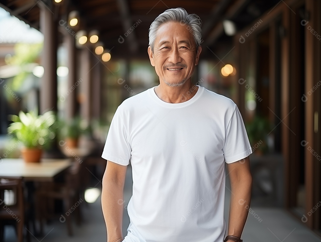 Homem asiático idoso saudável vestindo uma camiseta branca vazia para modelo de design