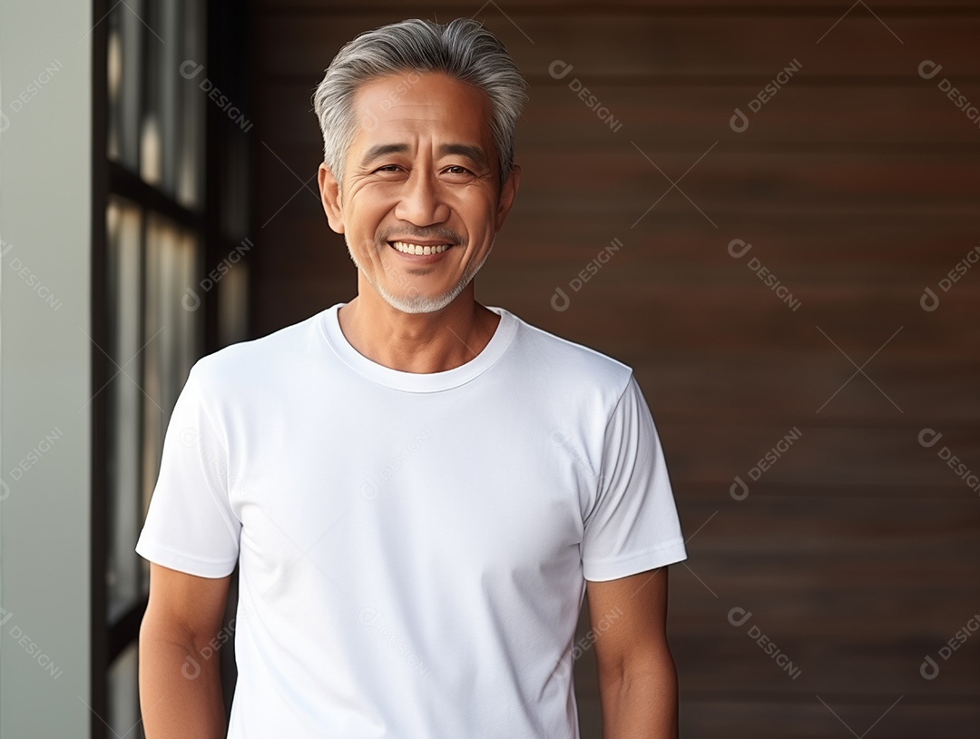 Homem asiático idoso saudável vestindo uma camiseta branca vazia para modelo de design