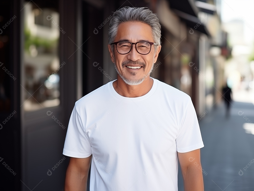 Homem asiático idoso saudável vestindo uma camiseta branca vazia para modelo de design