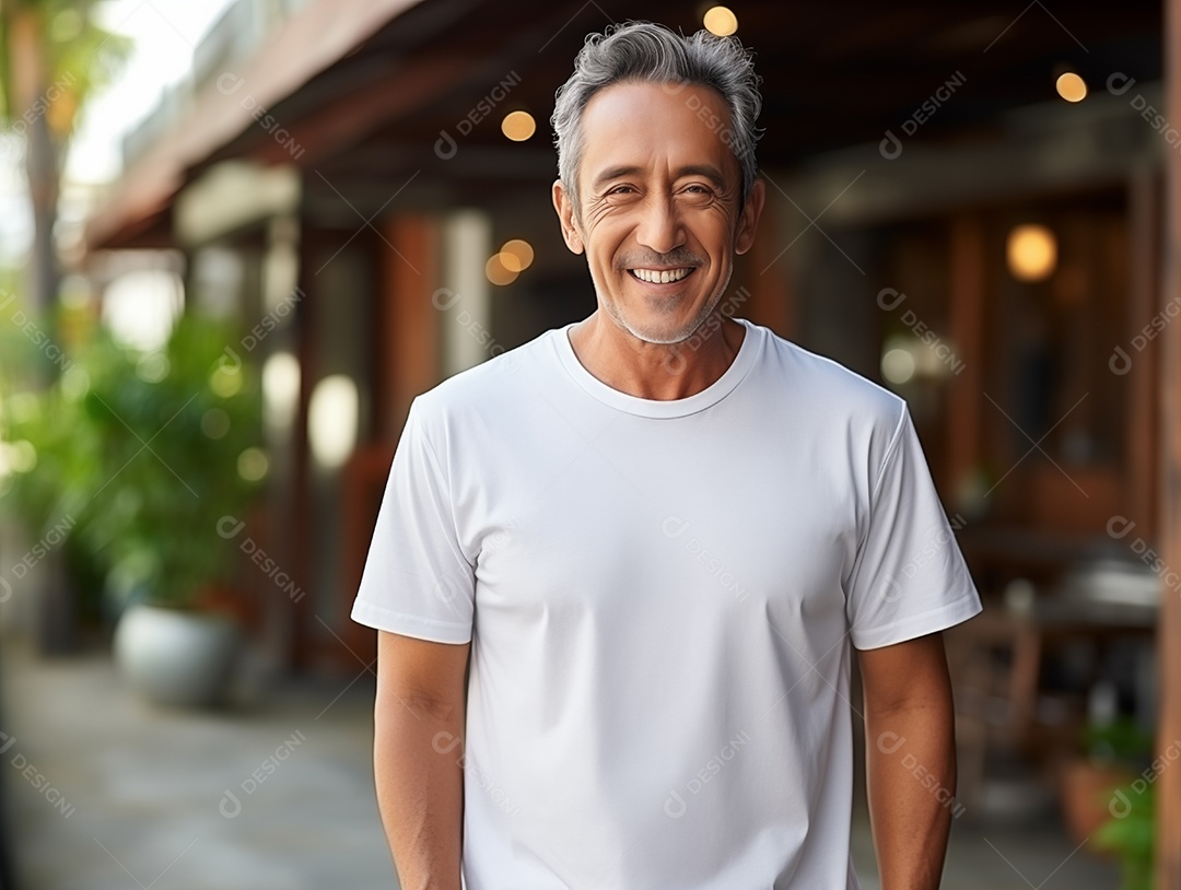 Homem asiático idoso saudável vestindo uma camiseta branca vazia para modelo de design