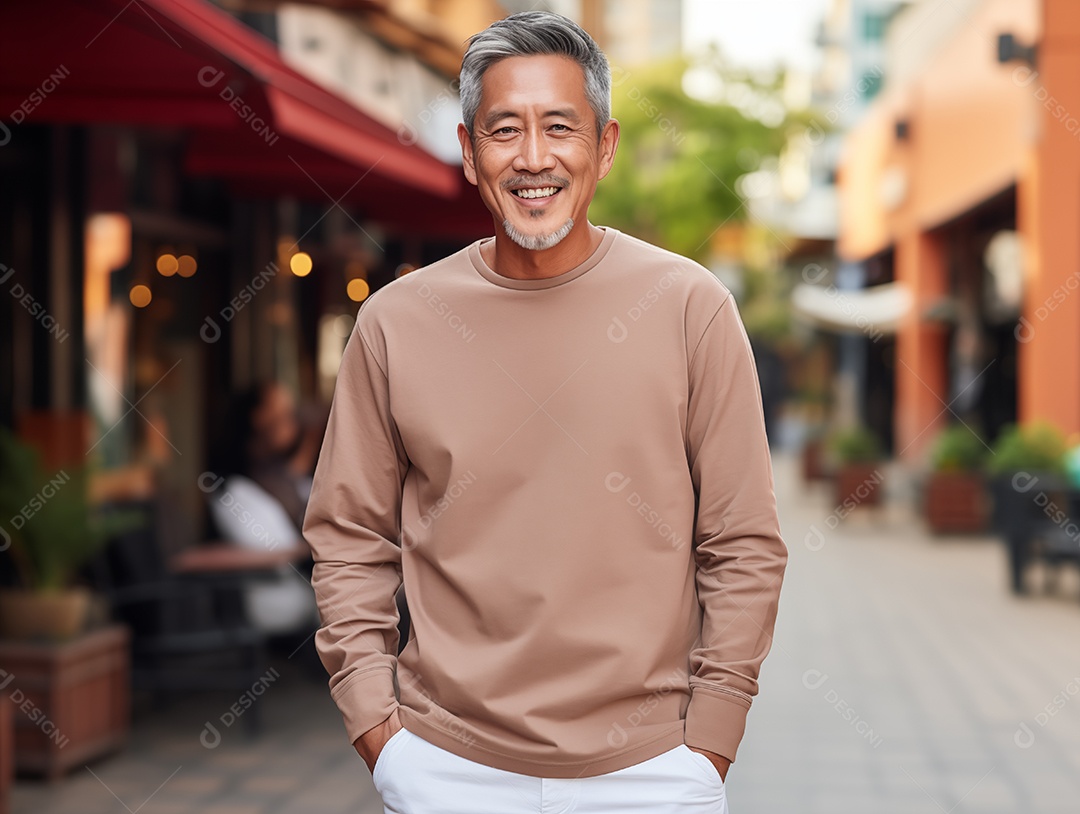 Homem asiático idoso saudável vestindo uma camiseta vazia para modelo de design