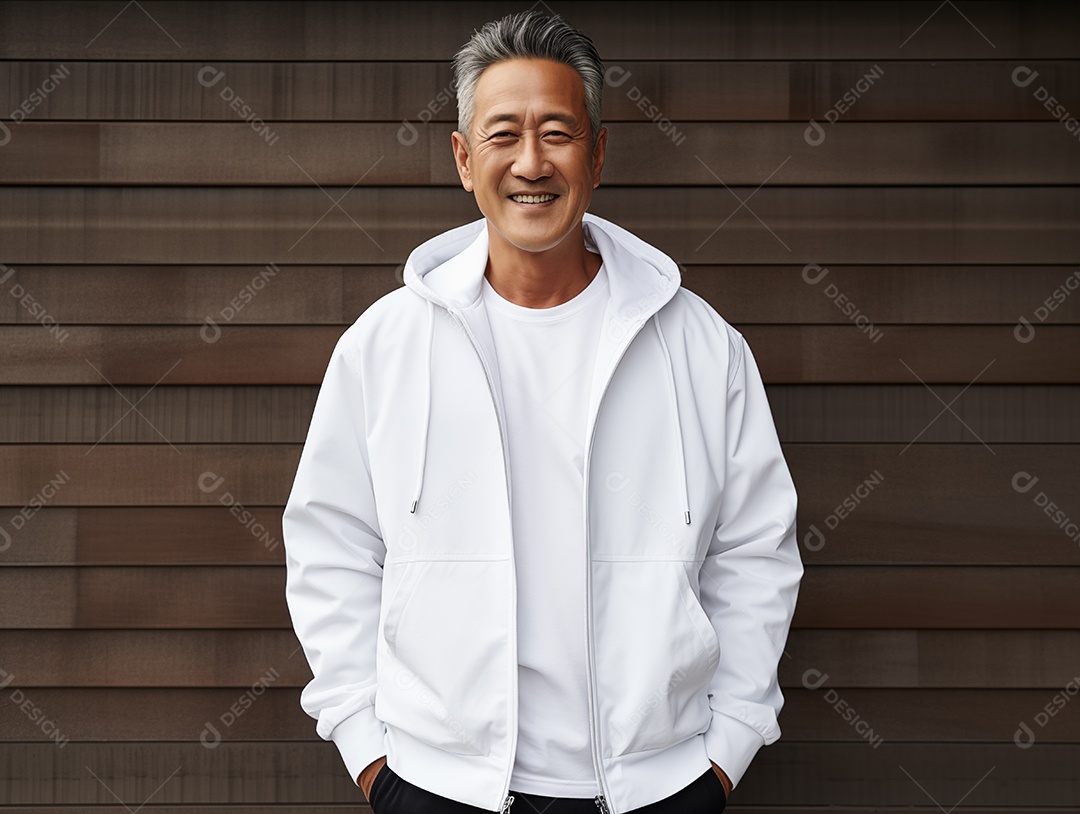 Homem asiático idoso saudável vestindo uma camiseta branca vazia para modelo de design