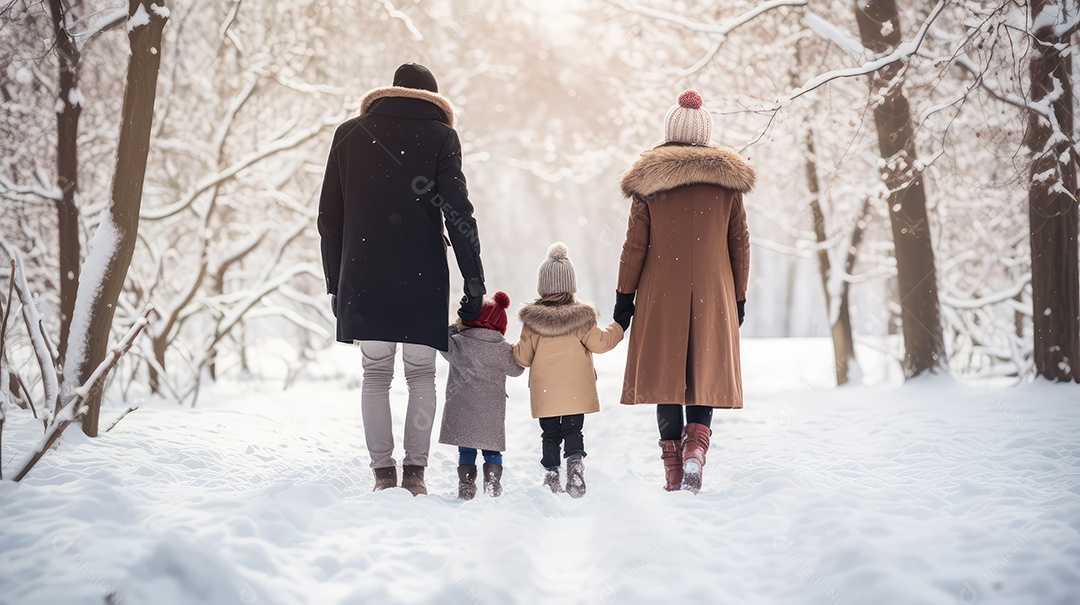 Uma linda familia passeando em estradas de neve