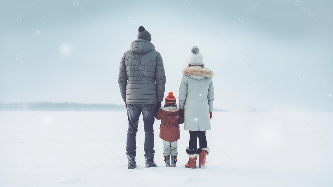 A imagem de uma familia agasalhada na neve