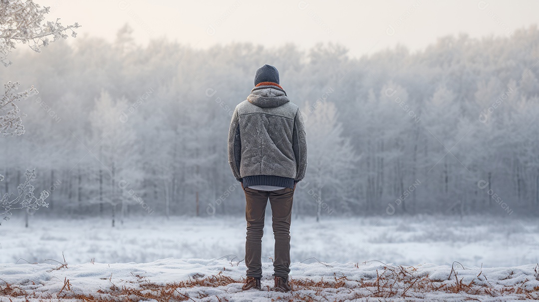 A imagem de inverno com um homem olhando uma floresta na neve