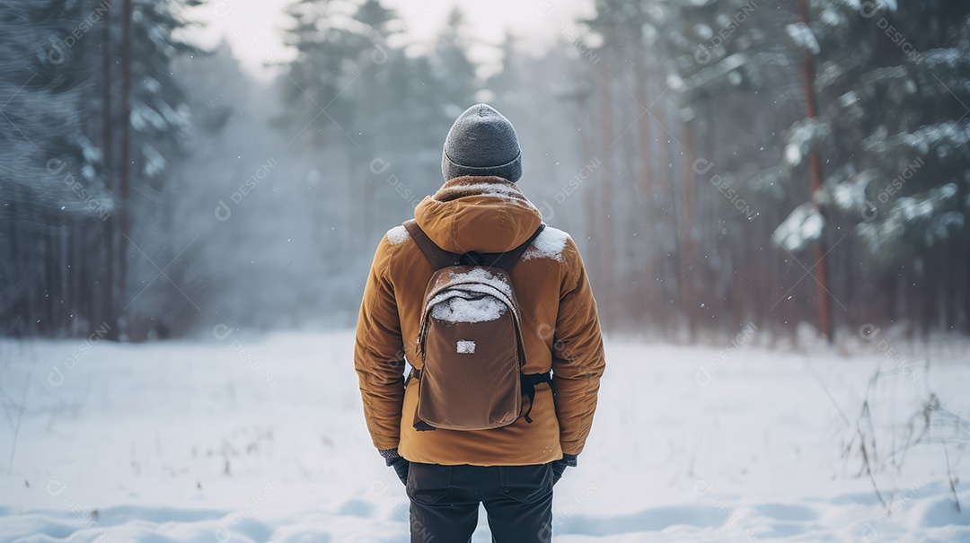 A imagem de inverno com um homem na floresta