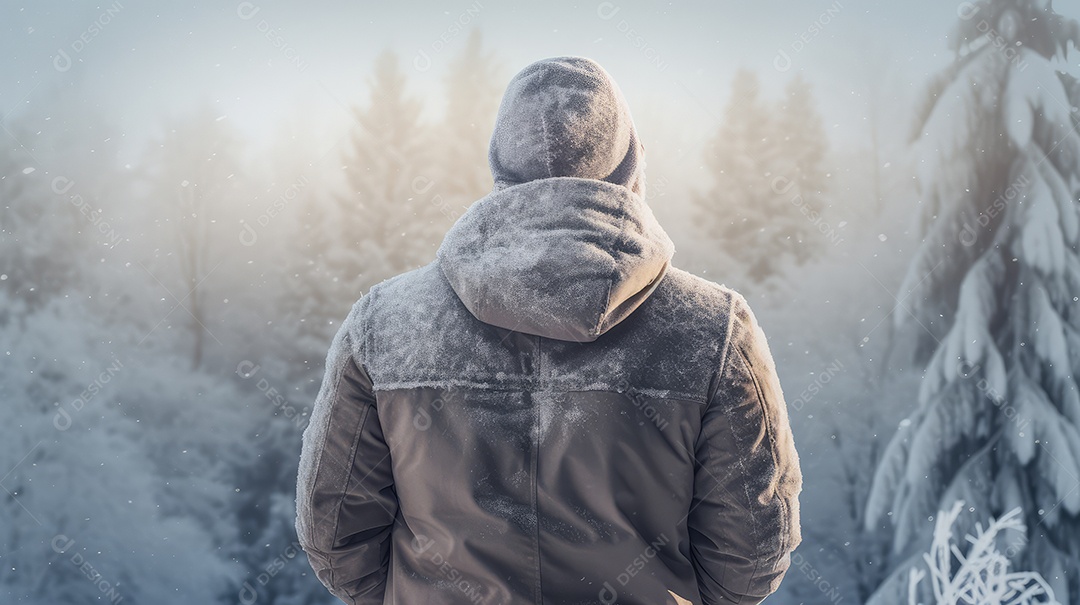 A imagem de um homem com roupa de inverno na floresta