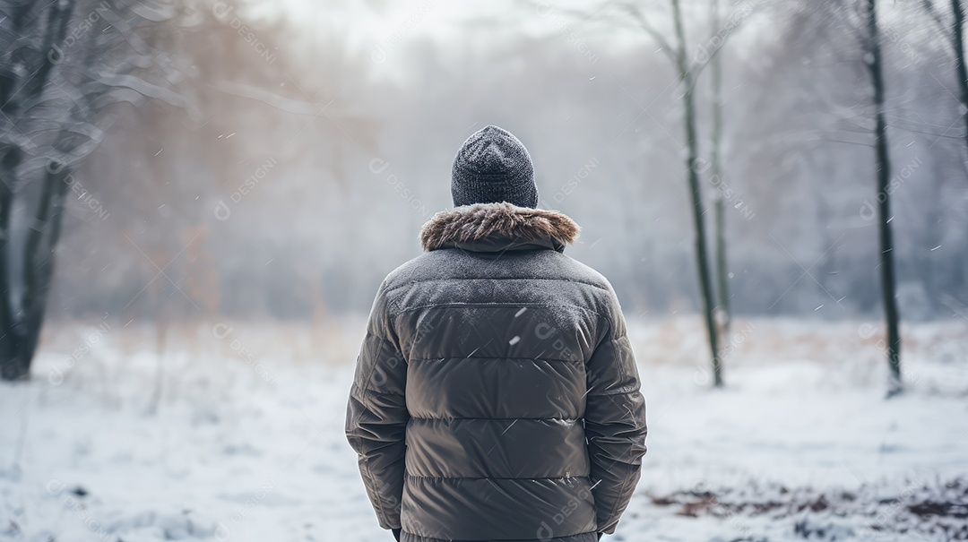 A imagem de um homem em floresta de inverno
