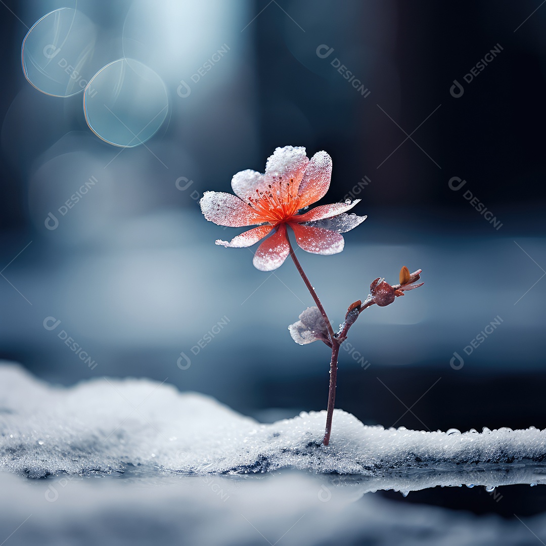 A imagem retrata uma flor de anêmona em um cenário de neve