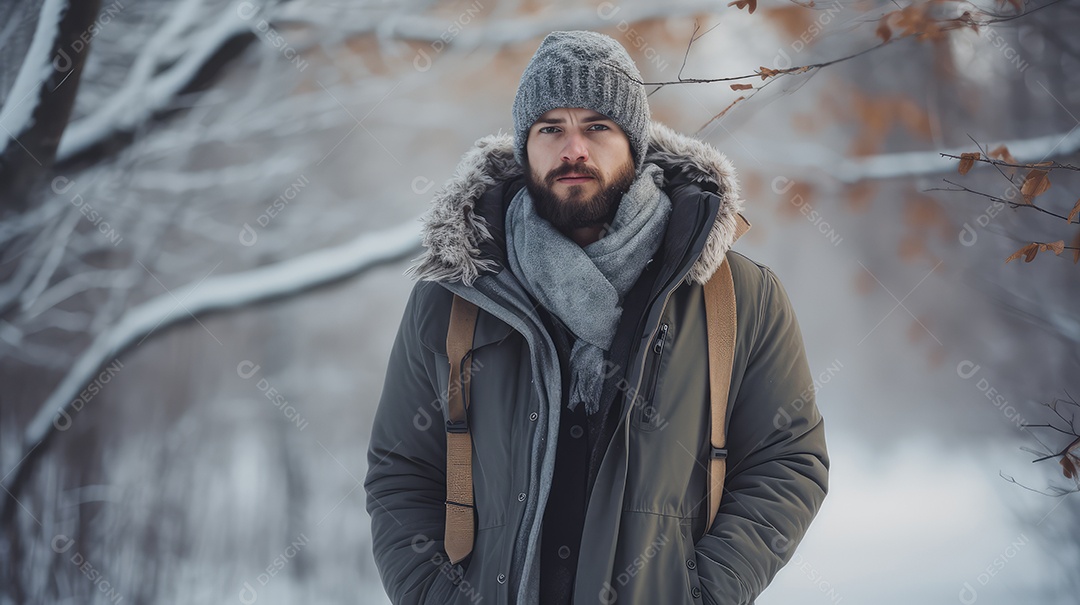 Homem com roupa e acessório de frio no inverno