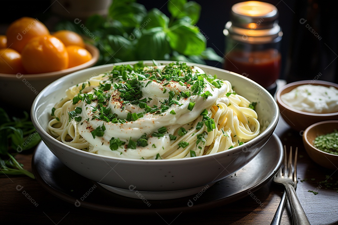 Macarrão Alfredo com ervas em uma tigela