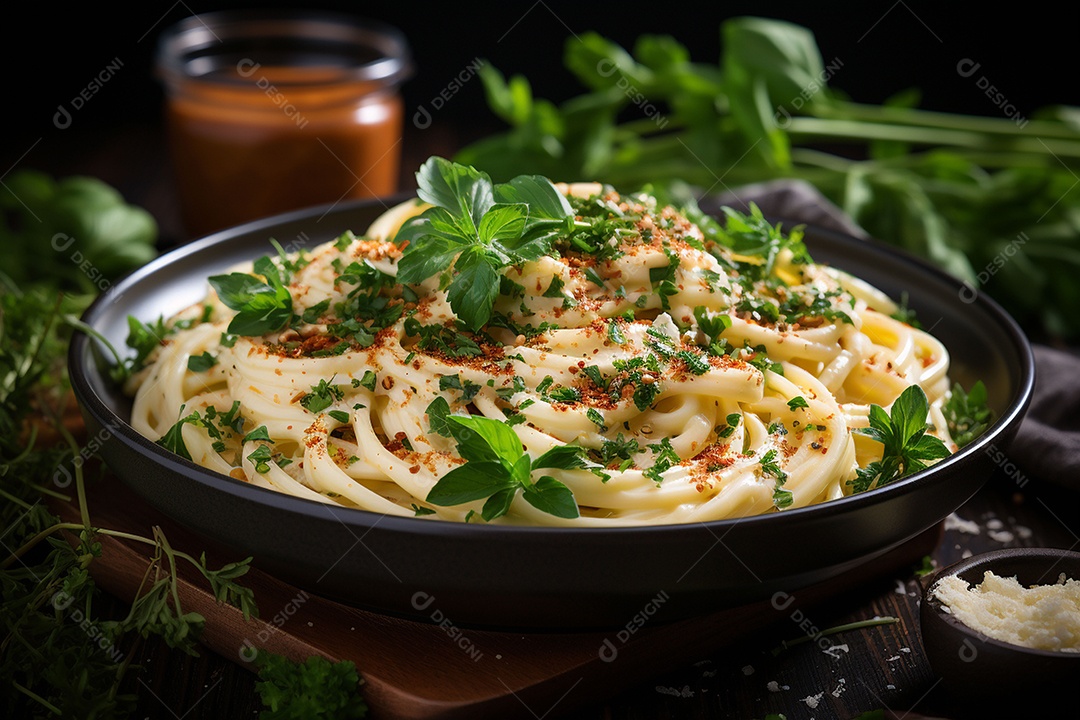Macarrão Alfredo com ervas em uma tigela