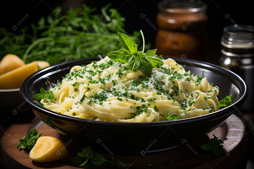 Macarrão Alfredo com ervas em uma tigela