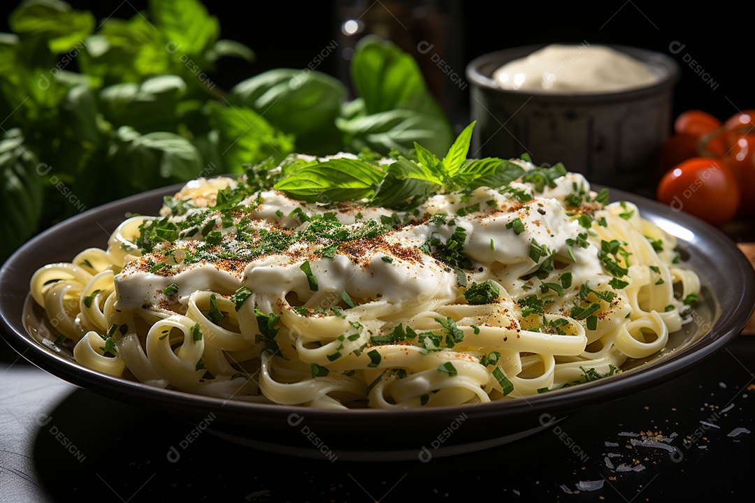 Macarrão Alfredo com ervas em uma tigela