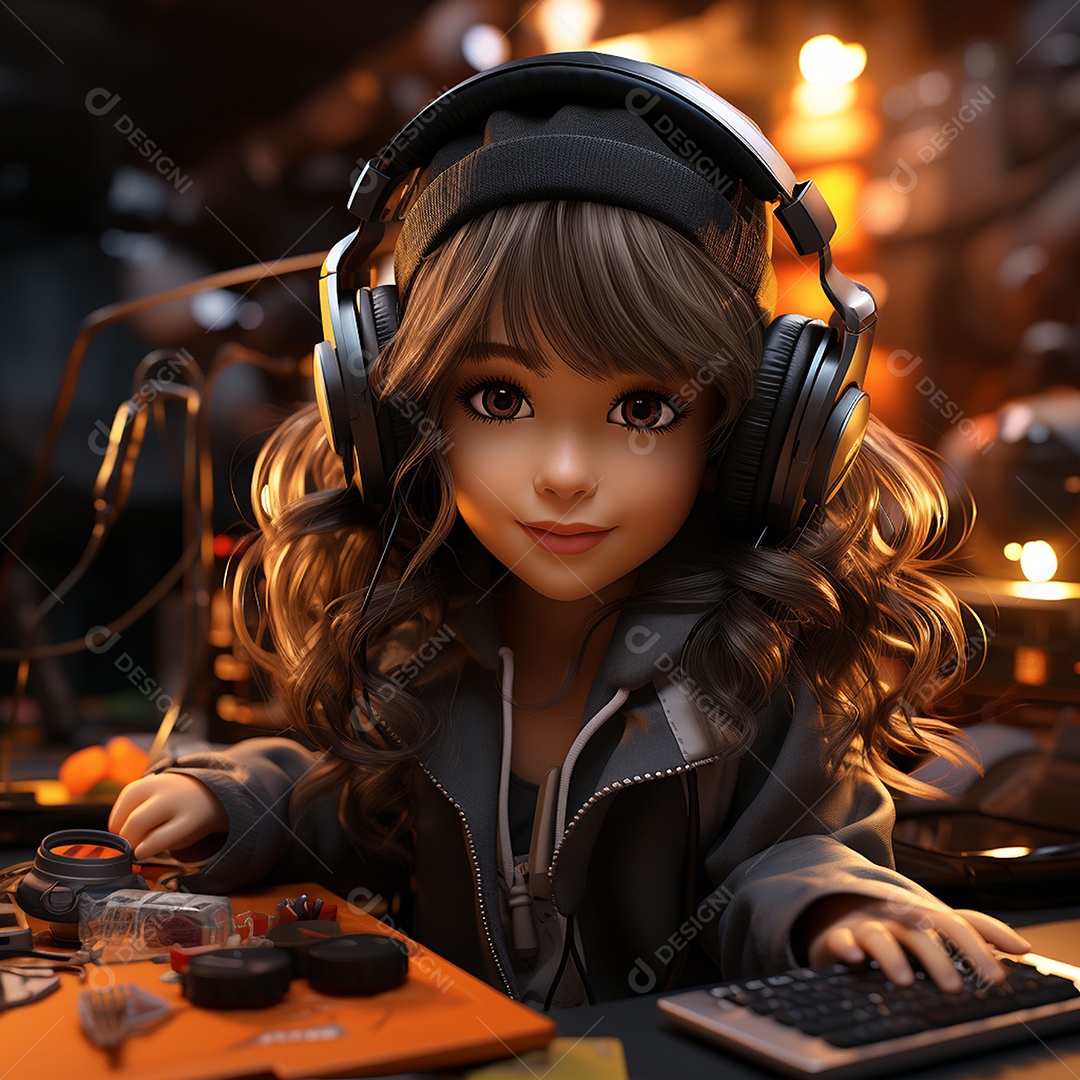 Garota chibi fofa dj 3D extremamente detalhada