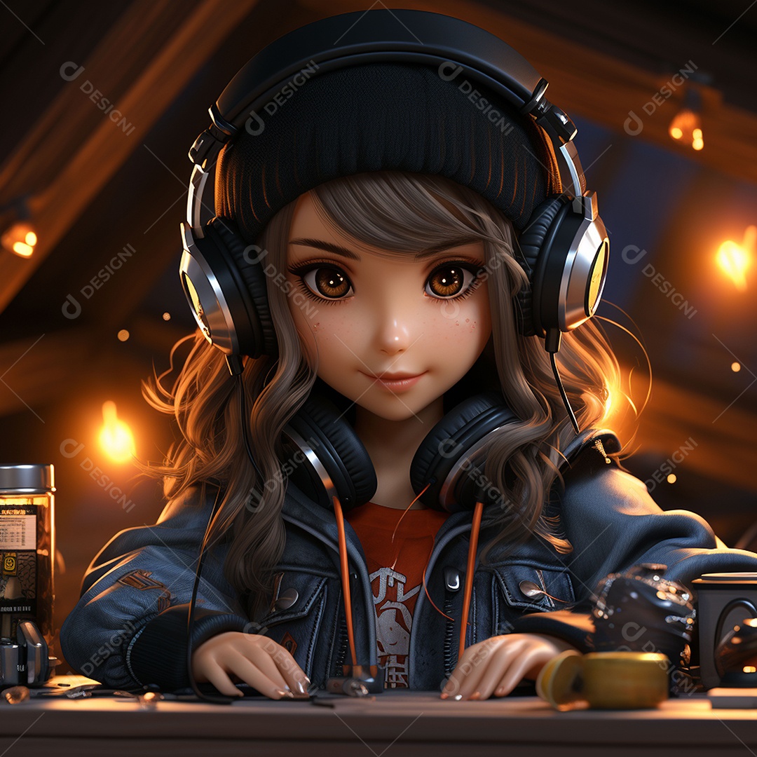 Garota chibi fofa dj 3D extremamente detalhada