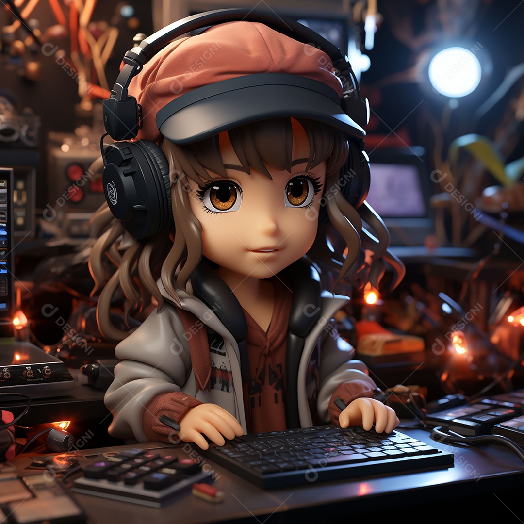 Garota chibi fofa dj 3D extremamente detalhada