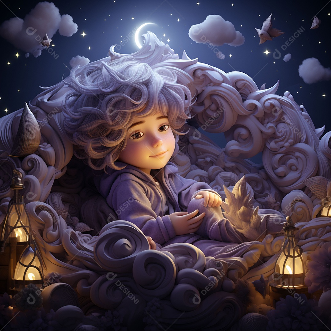 Imagem de um menino fofo dormindo sob a lua