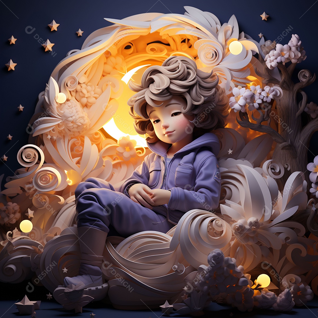 Imagem de um menino fofo dormindo sob a lua