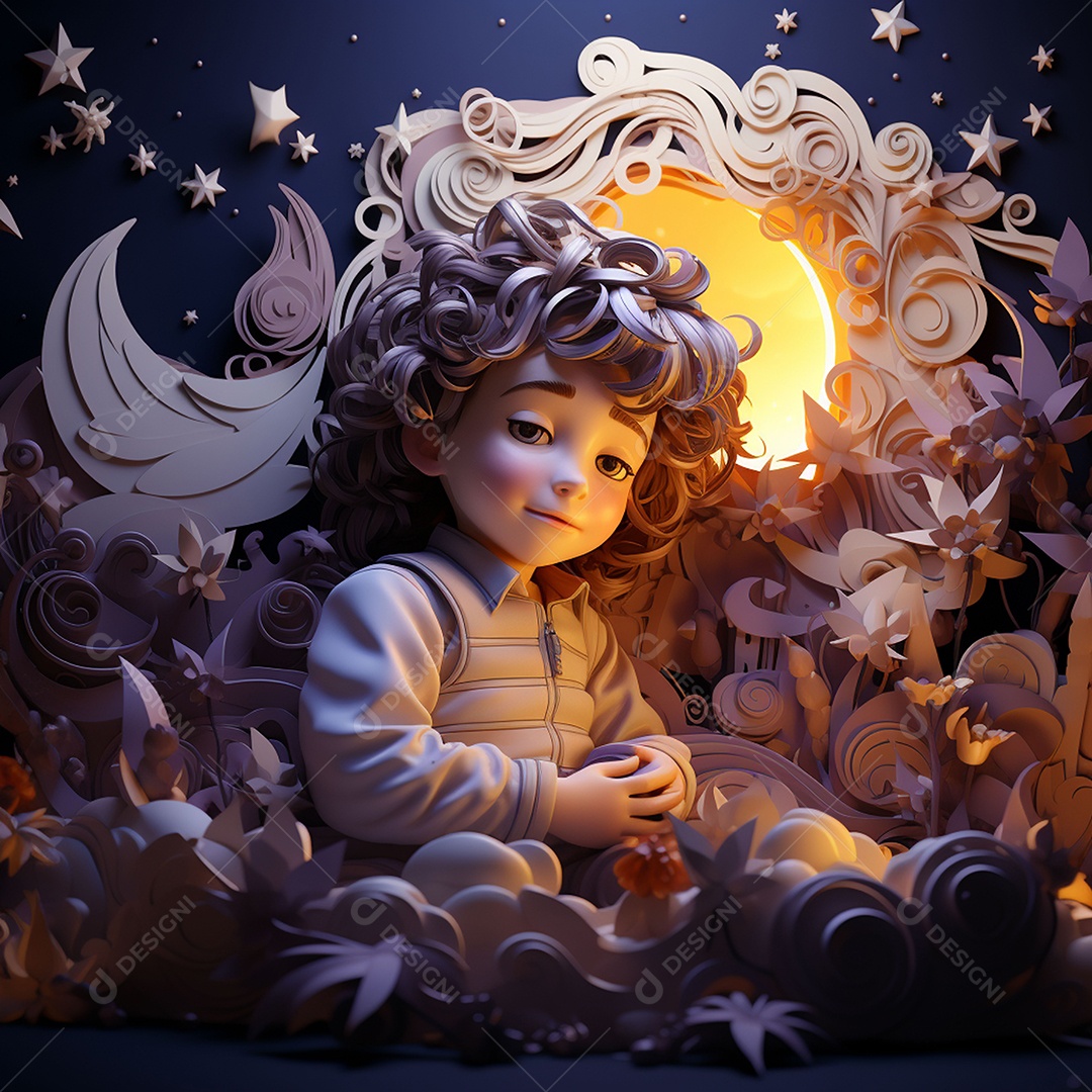 Imagem de um menino fofo dormindo sob a lua