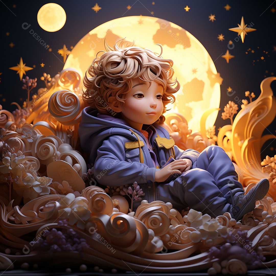 Imagem de um menino fofo dormindo sob a lua