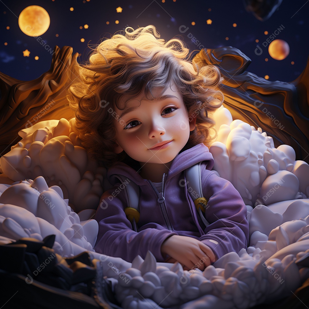 Imagem de um menino fofo dormindo sob a lua