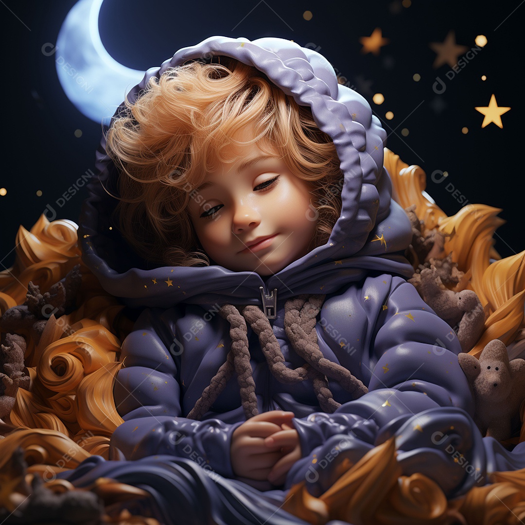 Imagem de um menino fofo dormindo sob a lua