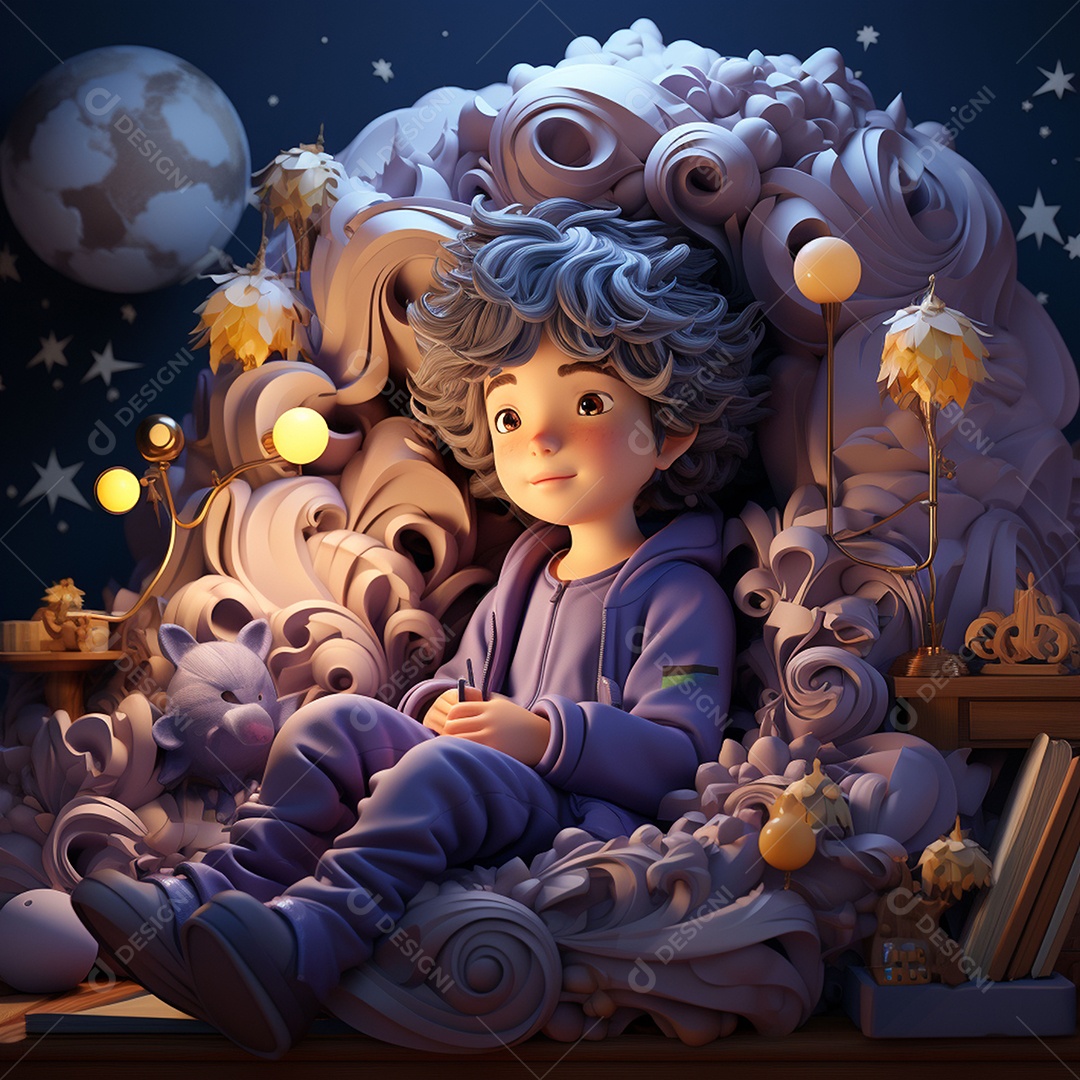 Imagem de um menino fofo dormindo sob a lua