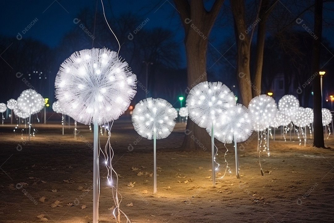 Dentes-de-leão feitos de LEDs na atmosfera de ano novo