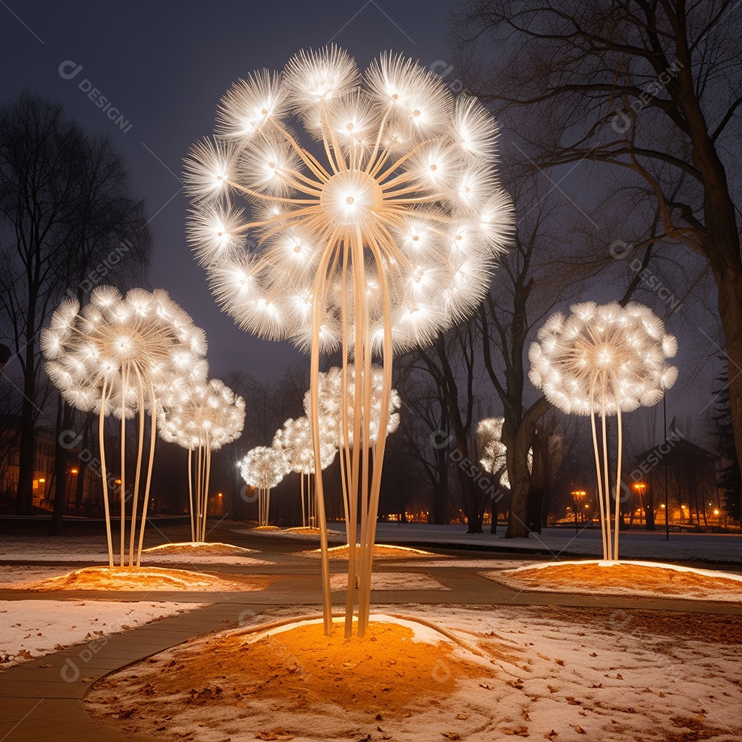 Dentes-de-leão feitos de LEDs na atmosfera de ano novo