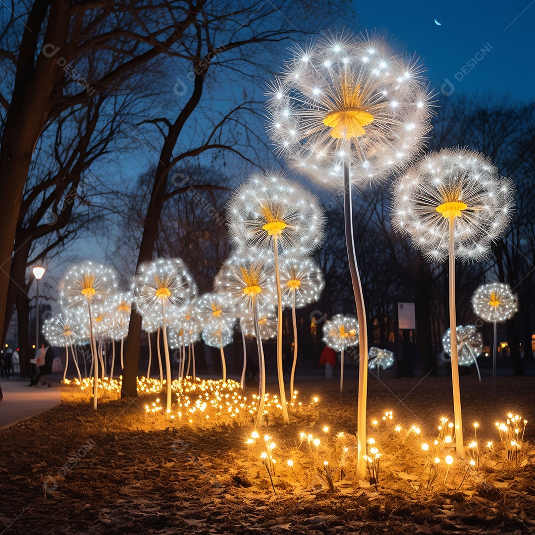Dentes-de-leão feitos de LEDs na atmosfera de ano novo
