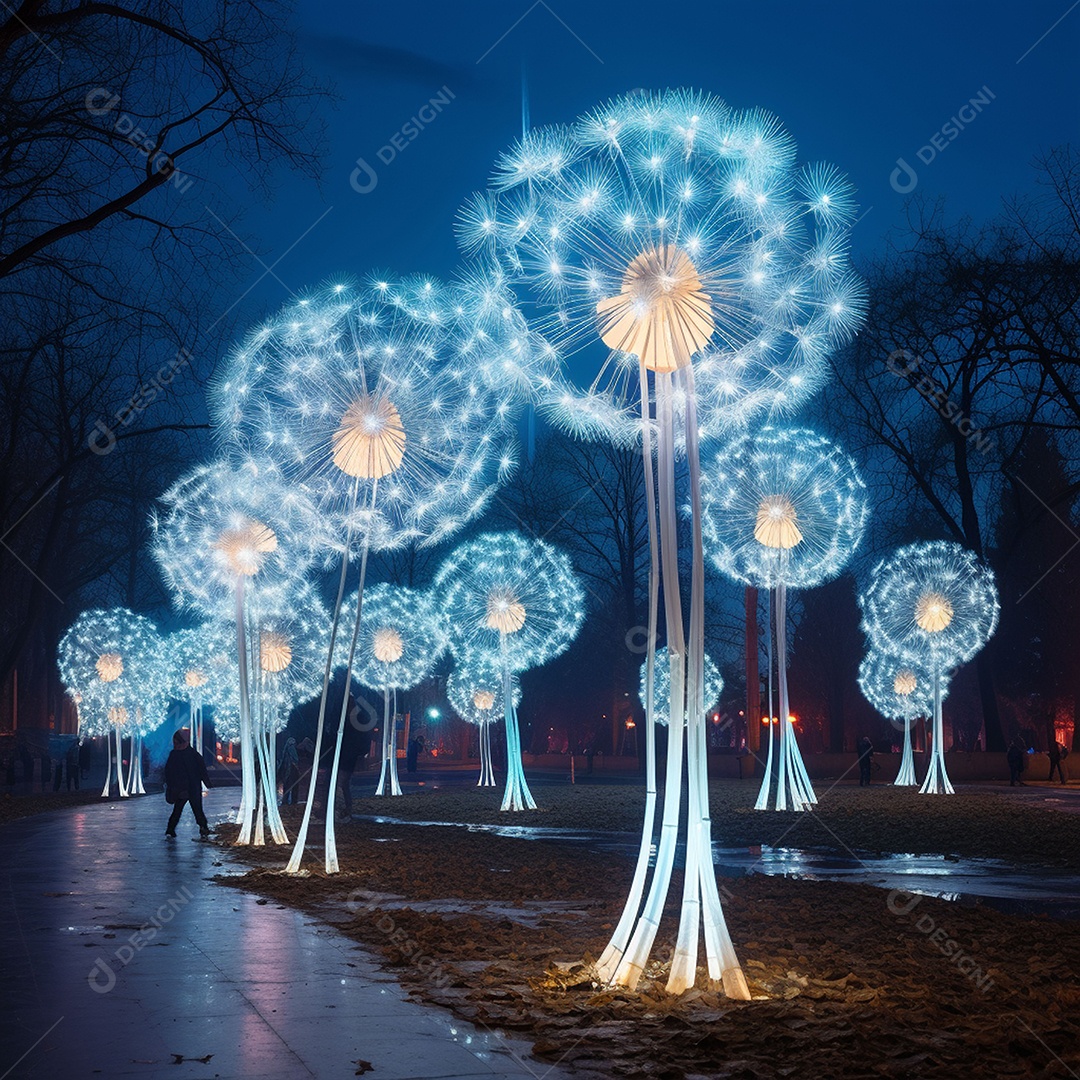 Dentes-de-leão feitos de LEDs na atmosfera de ano novo