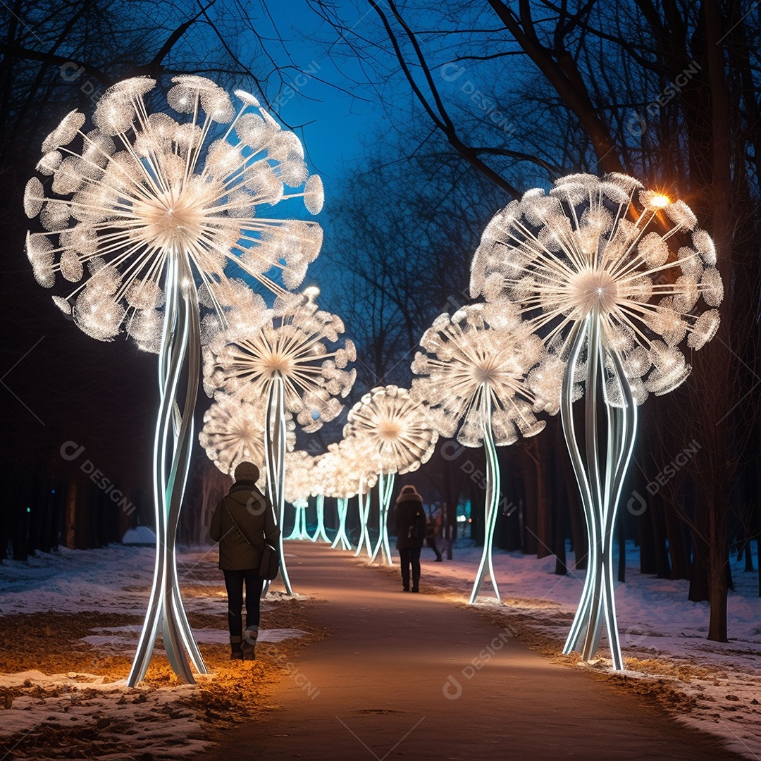 Dentes-de-leão feitos de LEDs na atmosfera de ano novo