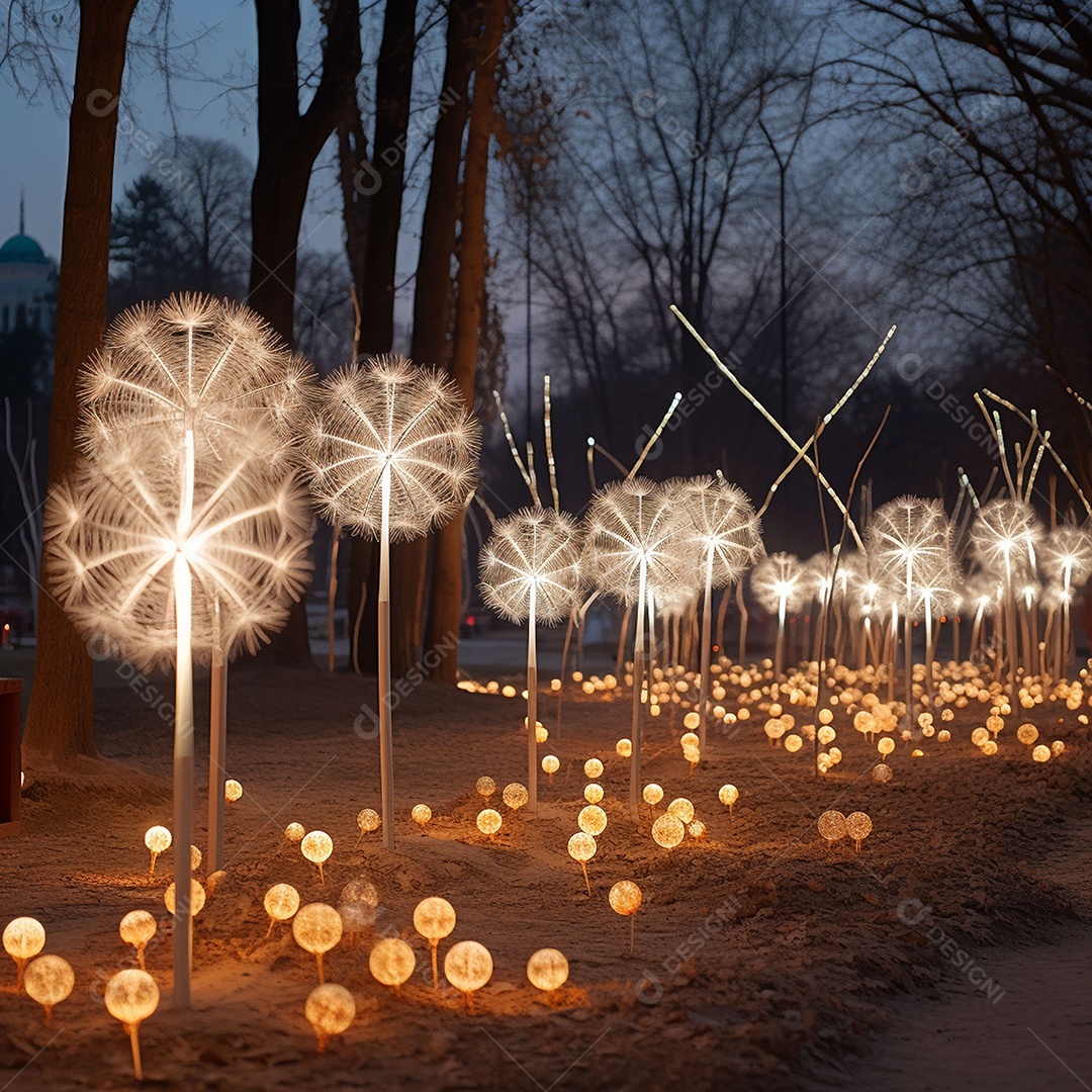 Dentes-de-leão feitos de LEDs na atmosfera de ano novo