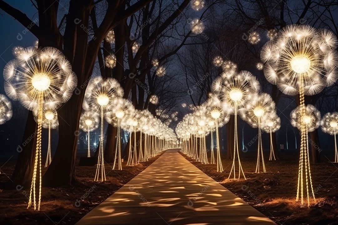 Dentes-de-leão feitos de LEDs na atmosfera de ano novo