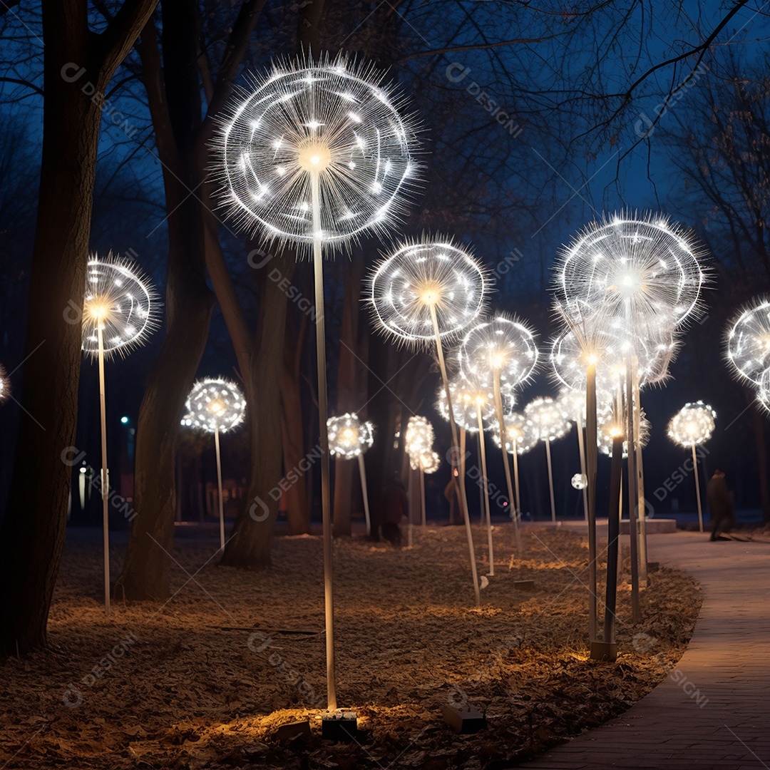 Dentes-de-leão feitos de LEDs na atmosfera de ano novo