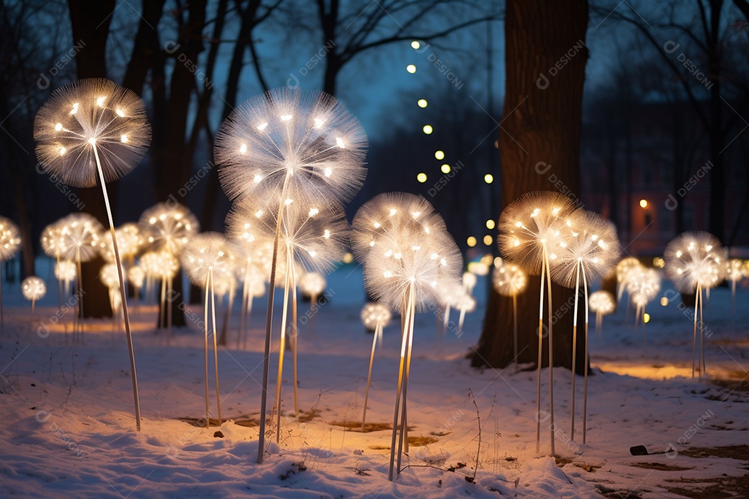 Dentes-de-leão feitos de LEDs na atmosfera de ano novo