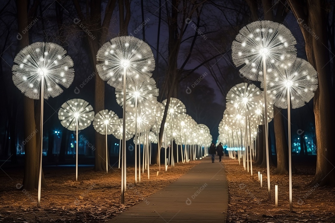 Dentes-de-leão feitos de LEDs na atmosfera de ano novo