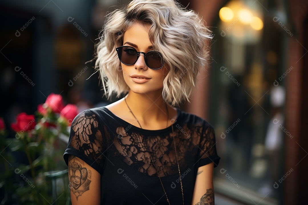 Garota hipster linda e estilosa com uma tatuagem