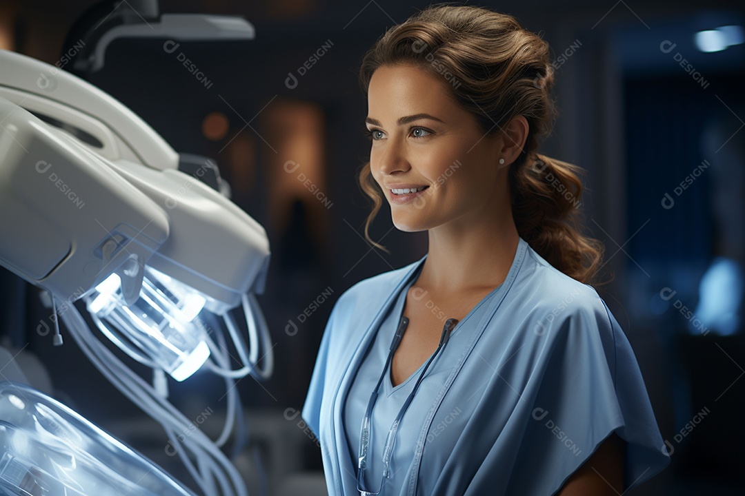 Médica conversando com um paciente próximo ao scanner