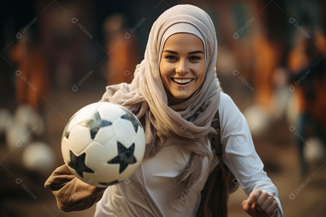 Jogadora de futebol muçulmana de hijab demonstra entusiasmo