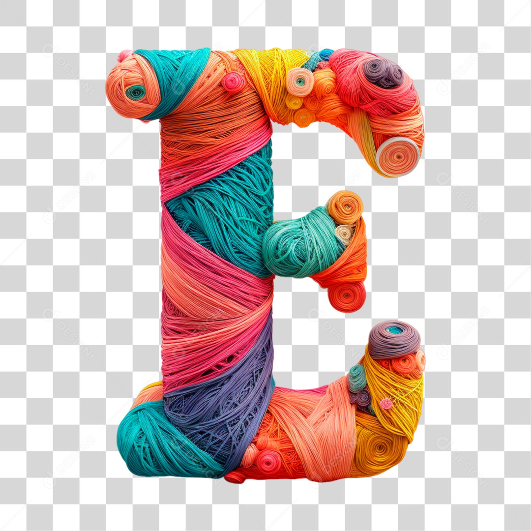 Letra E Maiúscula Colorida de Costura Elemento 3D do Alfabeto PNG Transparente Sem Fundo